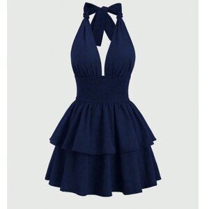 Solid Color Cinched Waist Open Back Sling Midi Dress-  NAVY BLUE - M (6)